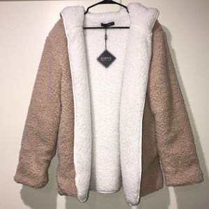 zaful hooded open front lamb wool coat
